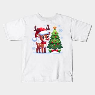 "Jolly Reindeer & Christmas Tree" - Whimsical Holiday Illustration Kids T-Shirt